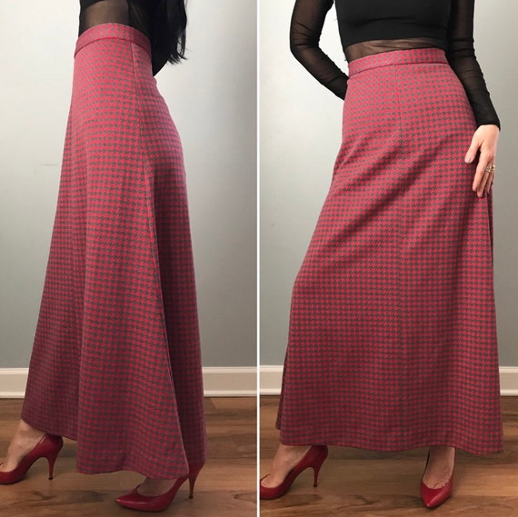 Vintage 70s Red Houndstooth Maxi Skirt