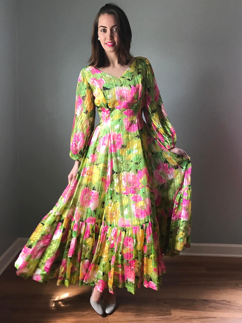 Vintage 70s Floral Chiffon Princess Gown | Etsy