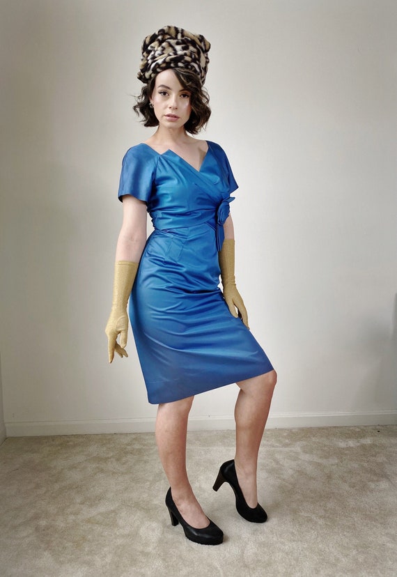 Vintage 50s Blue Satin Wiggle Dress - image 1