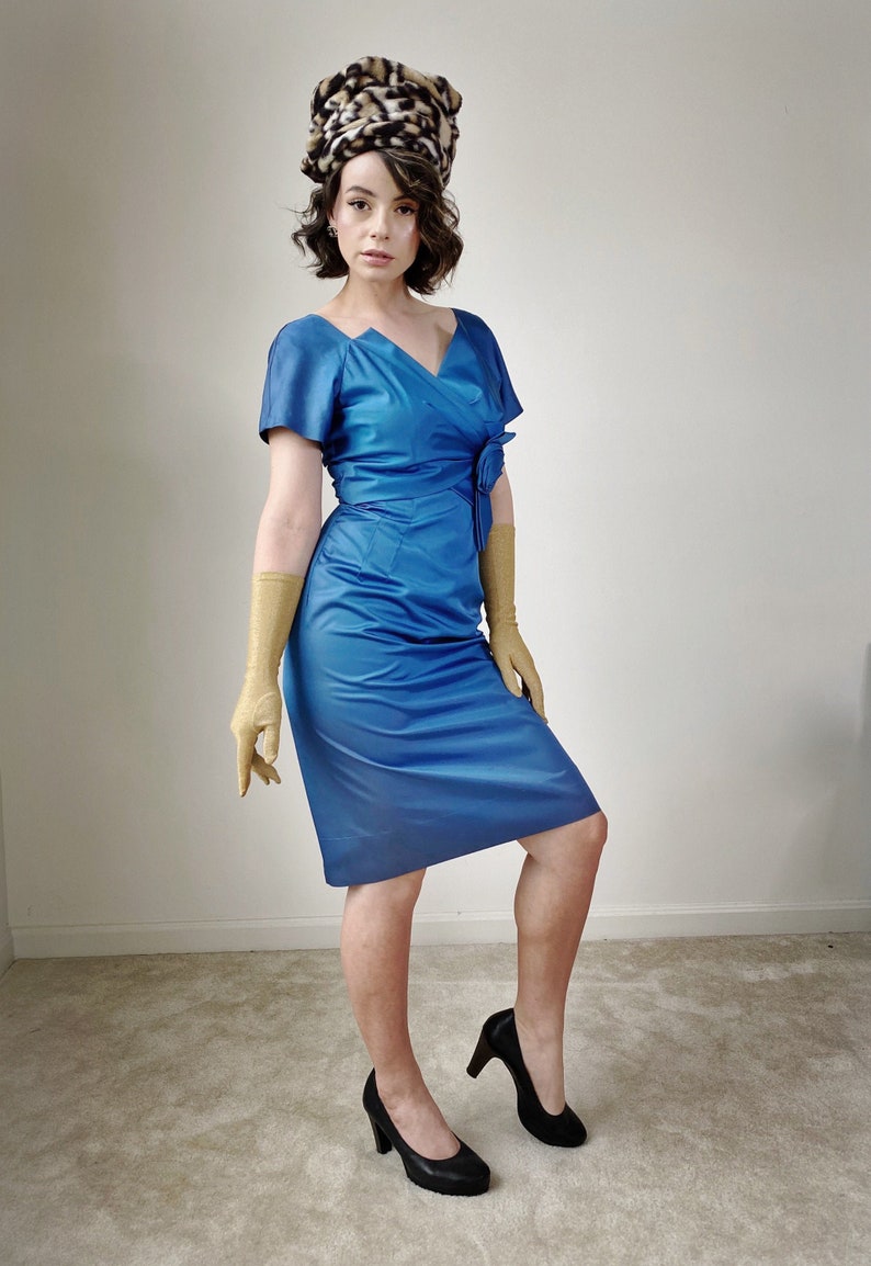 Vintage 50s Blue Satin Wiggle Dress image 1