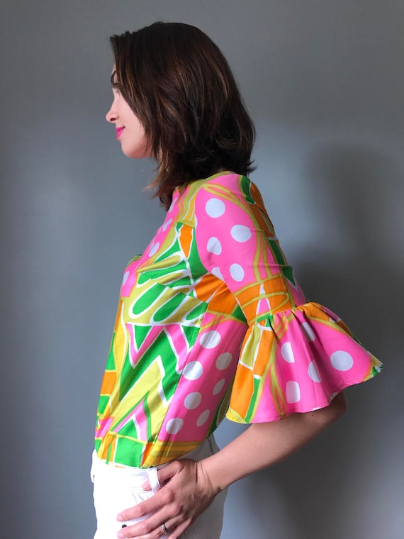 Vintage 60s Op Art Ruffle Sleeve Top - image 3