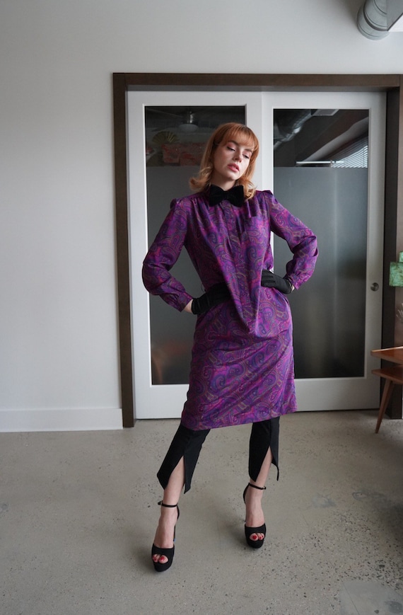 Vintage 80s Purple Paisley Tunic Shirt Dress