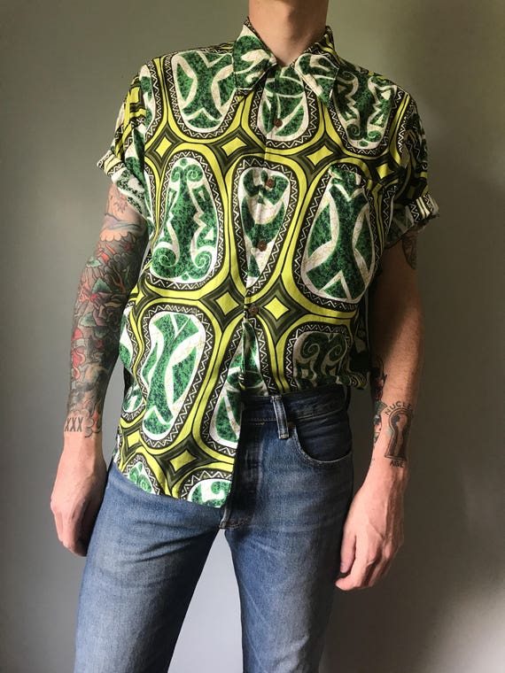 Vintage 60s Mens Chartreuse Tiki Loop Collar Shirt