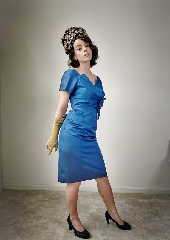 Vintage 50s Blue Satin Wiggle Dress - image 2