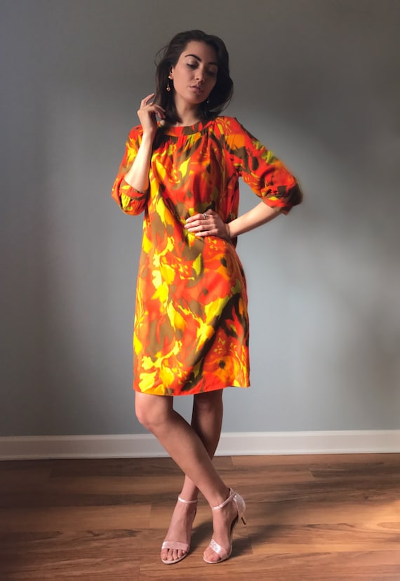 Vintage 60s Mod Orange Watercolor Dress - image 5