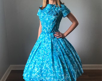 1950s Vintage New Look Blue Floral Dress