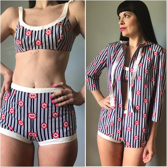Vintage 50s Nautical 3 Piece Swim Set RARE