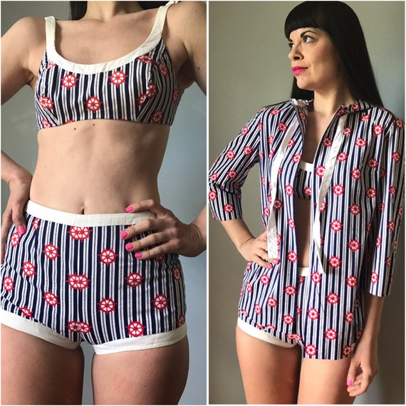 Vintage 50s Nautical 3 Piece Swim Set RARE - image 1