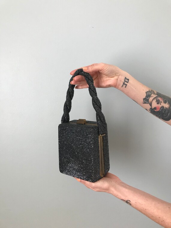 Vintage 30s 40s Gunmetal Beaded Box Purse - image 2