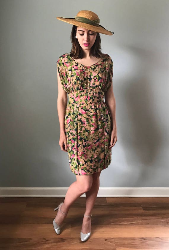 Vintage 60s Silk Floral Embellished Wiggle Dress