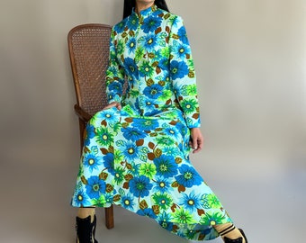 Vintage 70s Neon Green & Blue Floral Tnk Dress