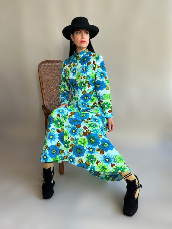 Vintage 70s Neon Green & Blue Floral Tnk Dress