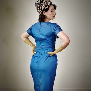 Vintage 50s Blue Satin Wiggle Dress image 8