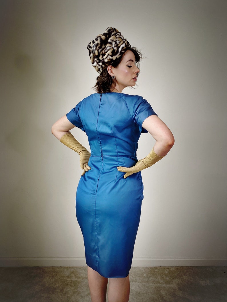 Vintage 50s Blue Satin Wiggle Dress image 8