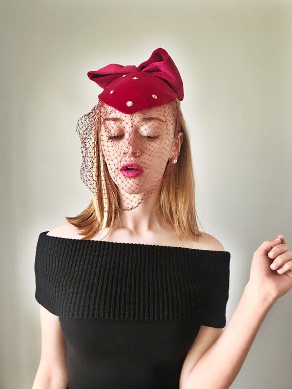 Vintage Fuschia Half Hat Fascinator w/ Giant Bow
