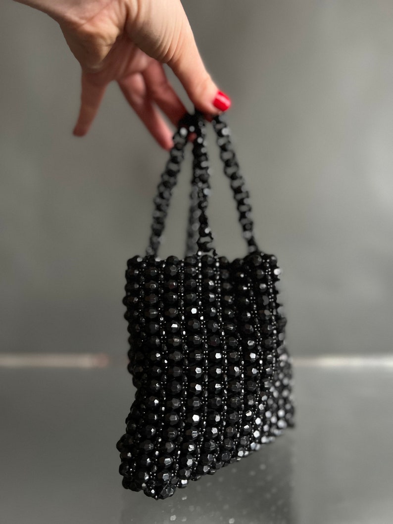 Vintage Mini Black Beaded Top Handle Tote Purse image 2