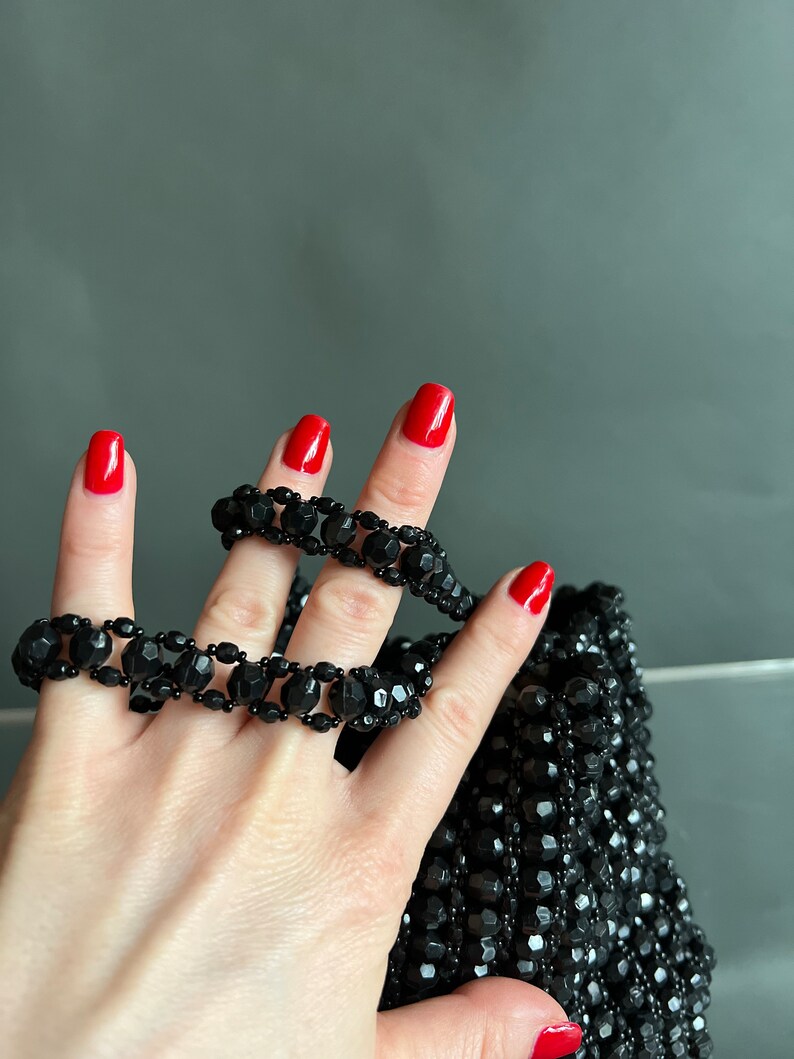 Vintage Mini Black Beaded Top Handle Tote Purse image 3