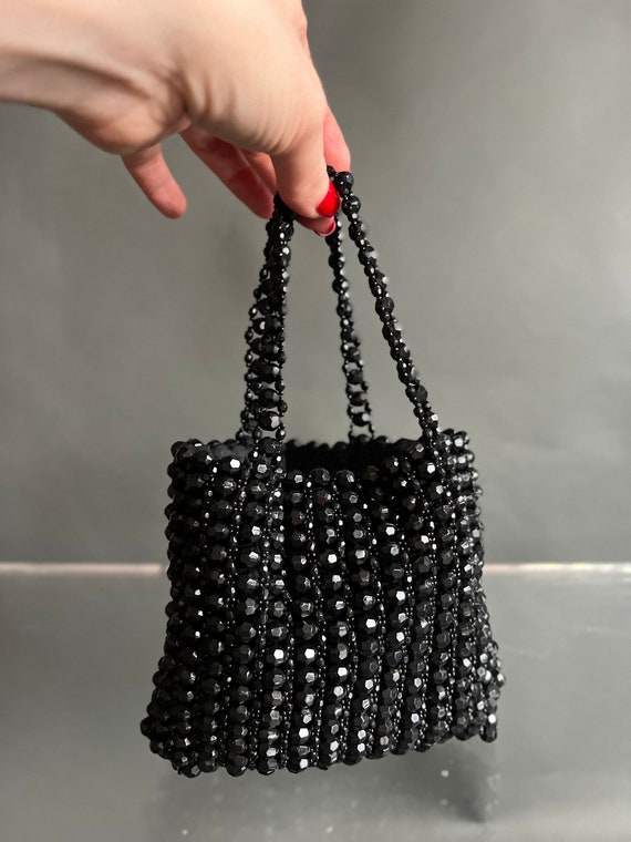 Vintage Mini Black Beaded Top Handle Tote Purse