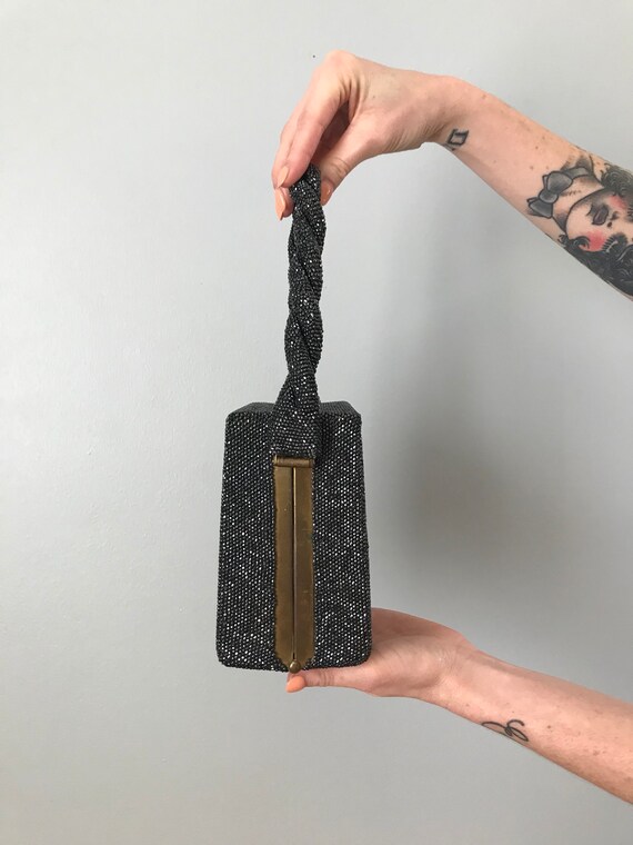 Vintage 30s 40s Gunmetal Beaded Box Purse - image 3