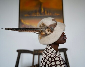 Vintage 50s Taupe Hat w/ Pheasant Feathers