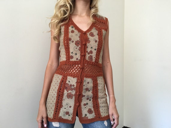 Vintage 70s Festival Knit Suede Boho Top
