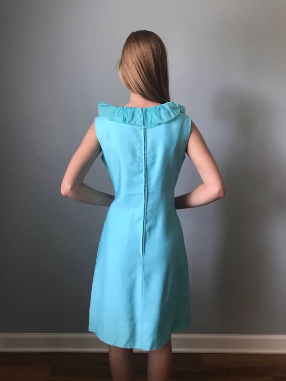 Vintage 60s Aqua Blue Ruffle V Neck Dress - image 4