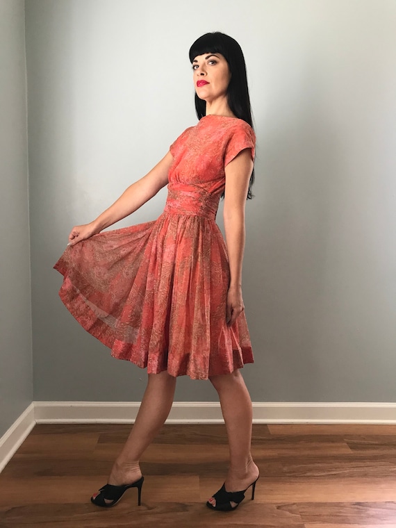 Vintage 50s Orange Watercolor Fit and Flare Dress
