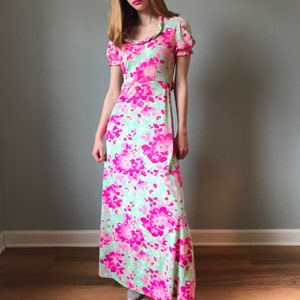 Vintage Spearmint & Pink Floral Maxi w/ Rhinestone Back