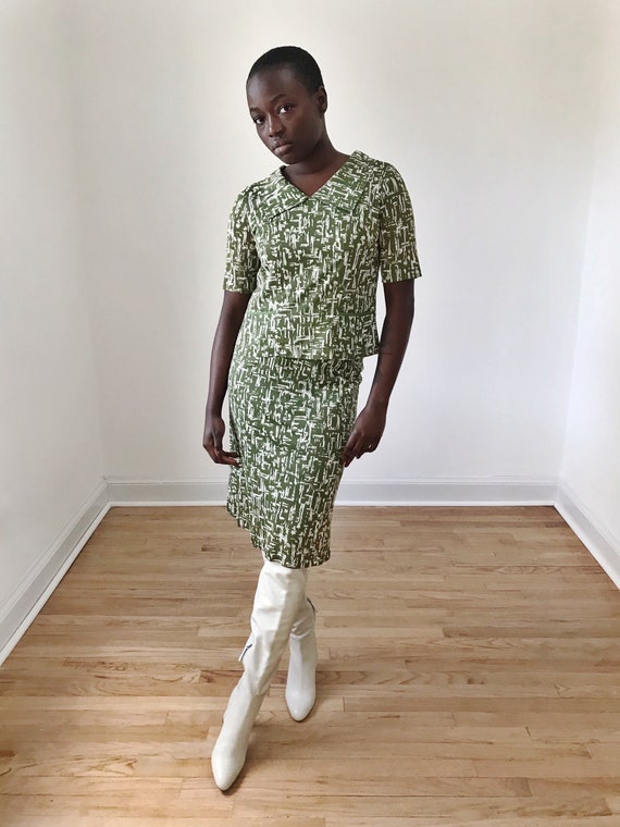 Vintage 60s Avocado Green Top + Skirt Set 2 Pieces