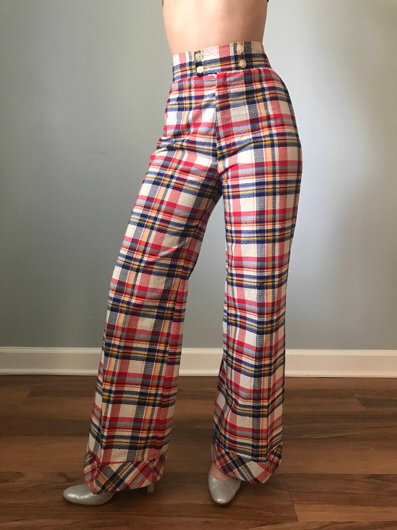 Vintage 70s Plaid Hi Waist Bell Bottoms Pantalon Etsy
