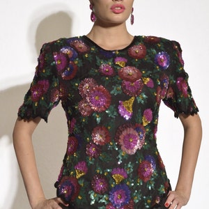 1980s Vintage All Over Sequin Floral Silk Party Top