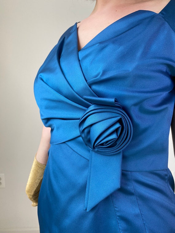 Vintage 50s Blue Satin Wiggle Dress - image 5
