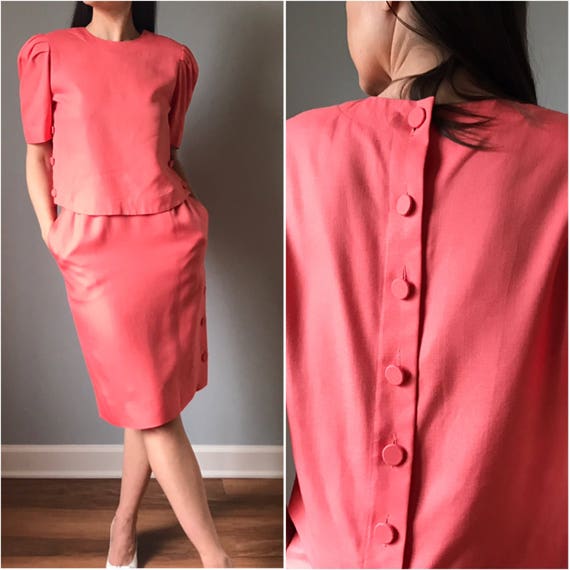 Vintage 80s Coral Linen Skirt Suiting Separates - image 1