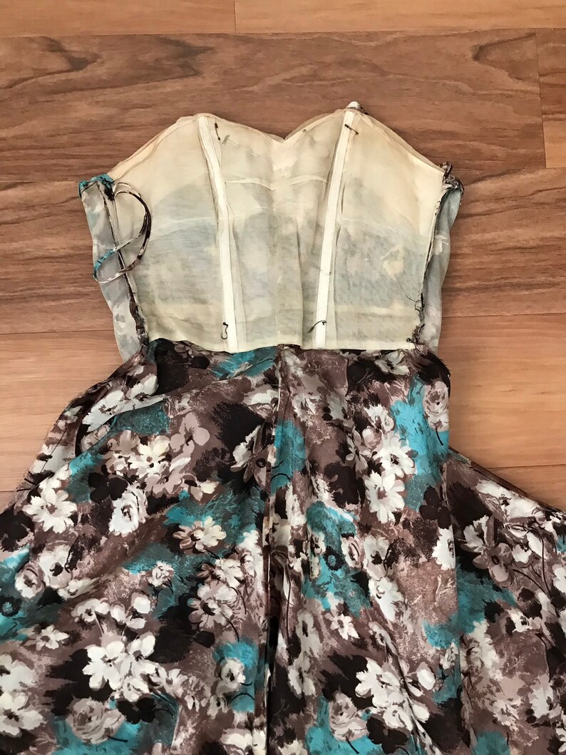 Vintage 50s Silk Strapless Floral Print Fit and Flare image 10