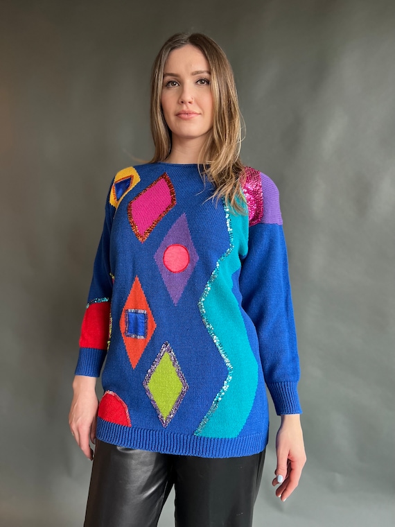 Vintage 80s Abstract Cobalt Sweater - image 3