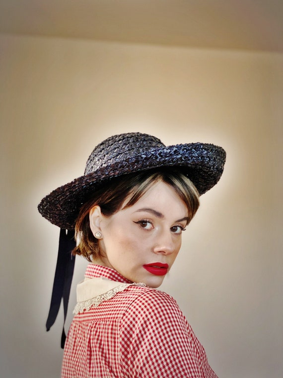Vintage Navy Straw Breton Hat w/ Ribbon