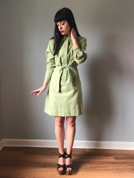 Vintage 70s Sage Green Shirtdress
