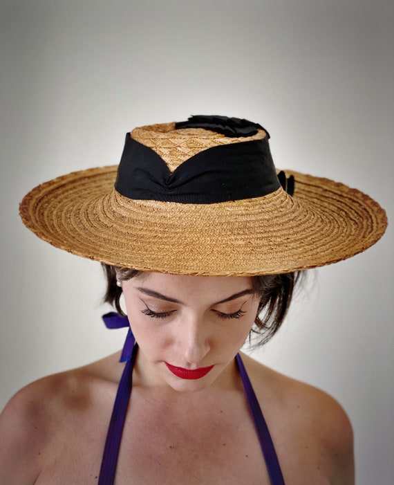 Vintage 40s Straw Cartwheel Hat w/ Ribbon