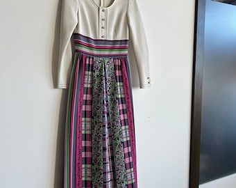 60s/70s Long Sleeve Mixed Print Maxi Dress