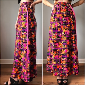 Vintage 70s High Waist Neon Floral Maxi Skirt