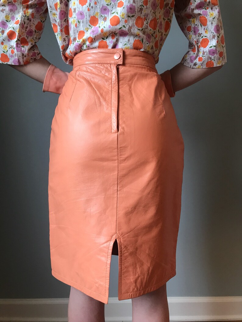 Vintage 80s Peach Leather Pencil Skirt Etsy
