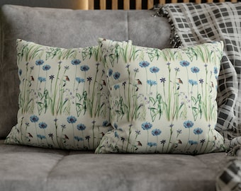 Floral Springtime Velvet Cushion Wildflowers and Kingfishers