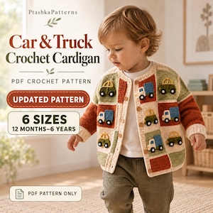 May include: A crochet cardigan featuring a patchwork design of cars and trucks in shades of rust, sage green, and cream. The text reads PtashkaPatterns, Car & Truck Crochet Cardigan, PDF CROCHET PATTERN, UPDATED PATTERN, 6 SIZES 12 MONTHS-6 YEARS, PDF PATTERN ONLY.