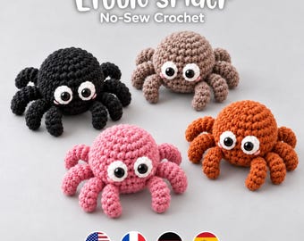 May include: Four crocheted spider toys in black, brown, pink, and orange. Each spider features large white eyes with black pupils, eight legs, and a round body. The text "Little Spider No-Sew Crochet" is displayed at the top of the image.