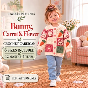 Puede incluir: Un cárdigan de ganchillo color crema con un patrón de cuadros en tonos rosa y verde, adornado con aplicaciones de conejitos, zanahorias y una flor. El texto dice PtashkaPatterns, Bunny, Carrot & Flower, CROCHET CARDIGAN, 6 SIZES INCLUDED, 12 MONTHS-6 YEARS y PDF PATTERN ONLY.