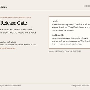 Könnte beinhalten: Ein digitales Dokument mit dem Titel Folio Work Kits Release Gate V1.2. Es beschreibt einen Prozess für Produktmanager, um Release-Notizen und Testergebnisse in einen GO- oder NO-GO-Datensatz umzuwandeln, inklusive Eingabe- und Ergebnisbeispielen.