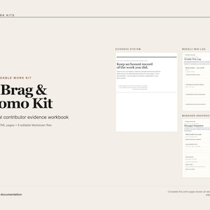 May include: A downloadable work kit titled IC Brag & Promo Kit, an individual contributor evidence workbook. It includes 8 designed HTML pages and 8 editable Markdown files, featuring sections for an evidence system, weekly win log, and manager snapshot.