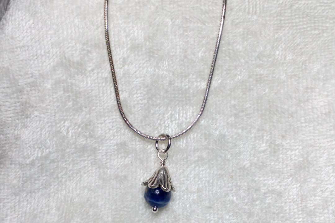 Sodalite With Fine Silver Flower Cap Charm Necklace - Etsy