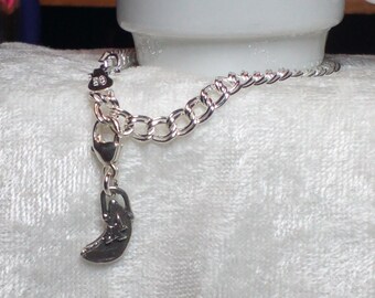 Sterling Silver Double Link Chain Charm Bracelet with  Artisan Crescent Moon