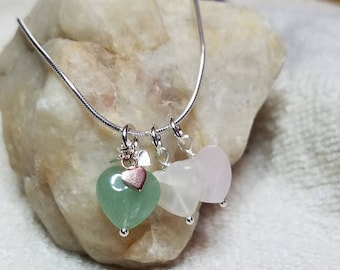 Gemstone Hearts - Aventurine, Moonstone and Rose Quartz - Charm Necklace